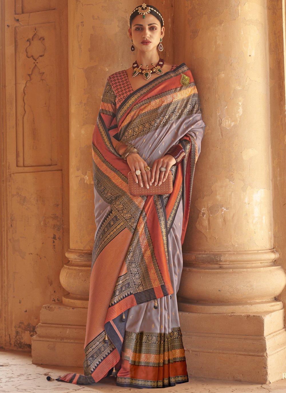 Grey Silk Patola Print Trendy Sari