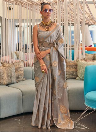 Grey Silk Weaving Contemporary Sari