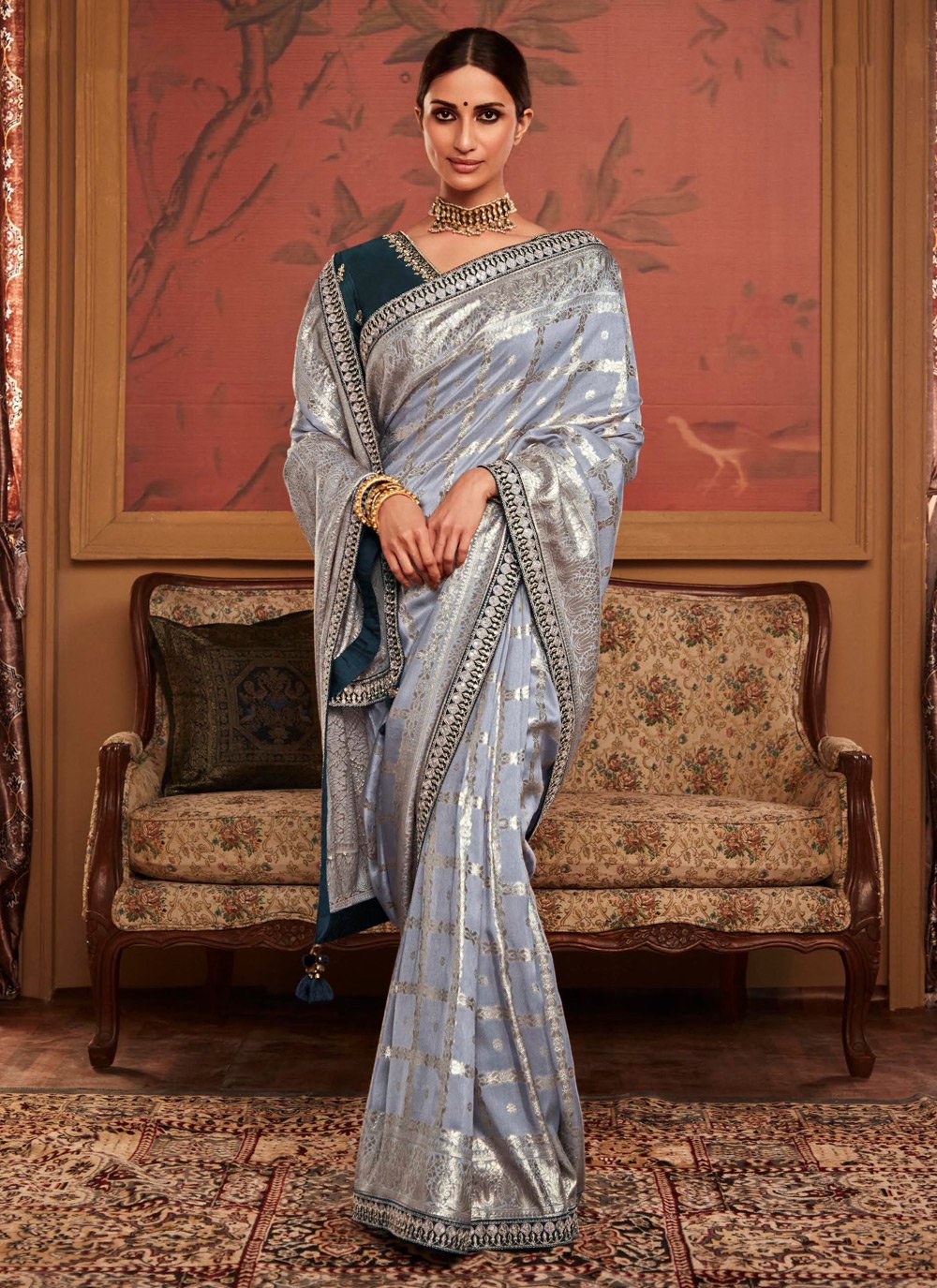 Grey Color Golden Border Designer Saree – Sulbha Fashions