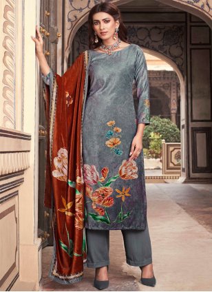 Grey Velvet Digital Print Trendy Salwar Suits
