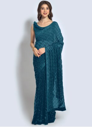 Groovy Teal Georgette Traditional Saree for Ceremonial