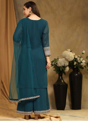 
                            Heavenly Faux Georgette Embroidered Blue Palazzo Salwar Suit
