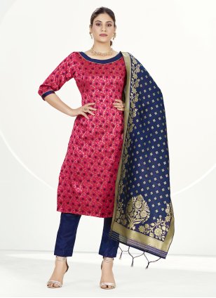 Hot Pink Banarasi Silk Woven Straight Salwar Suit