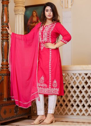 Hot Pink Cotton  Lucknowi Work Straight Salwar Suit