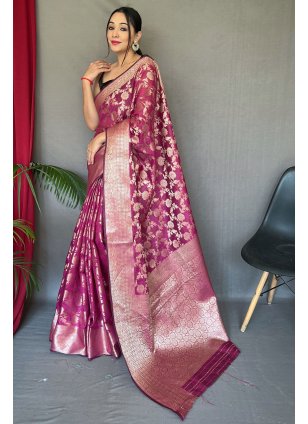 Hot Pink Cotton  Weaving Traditional Saree