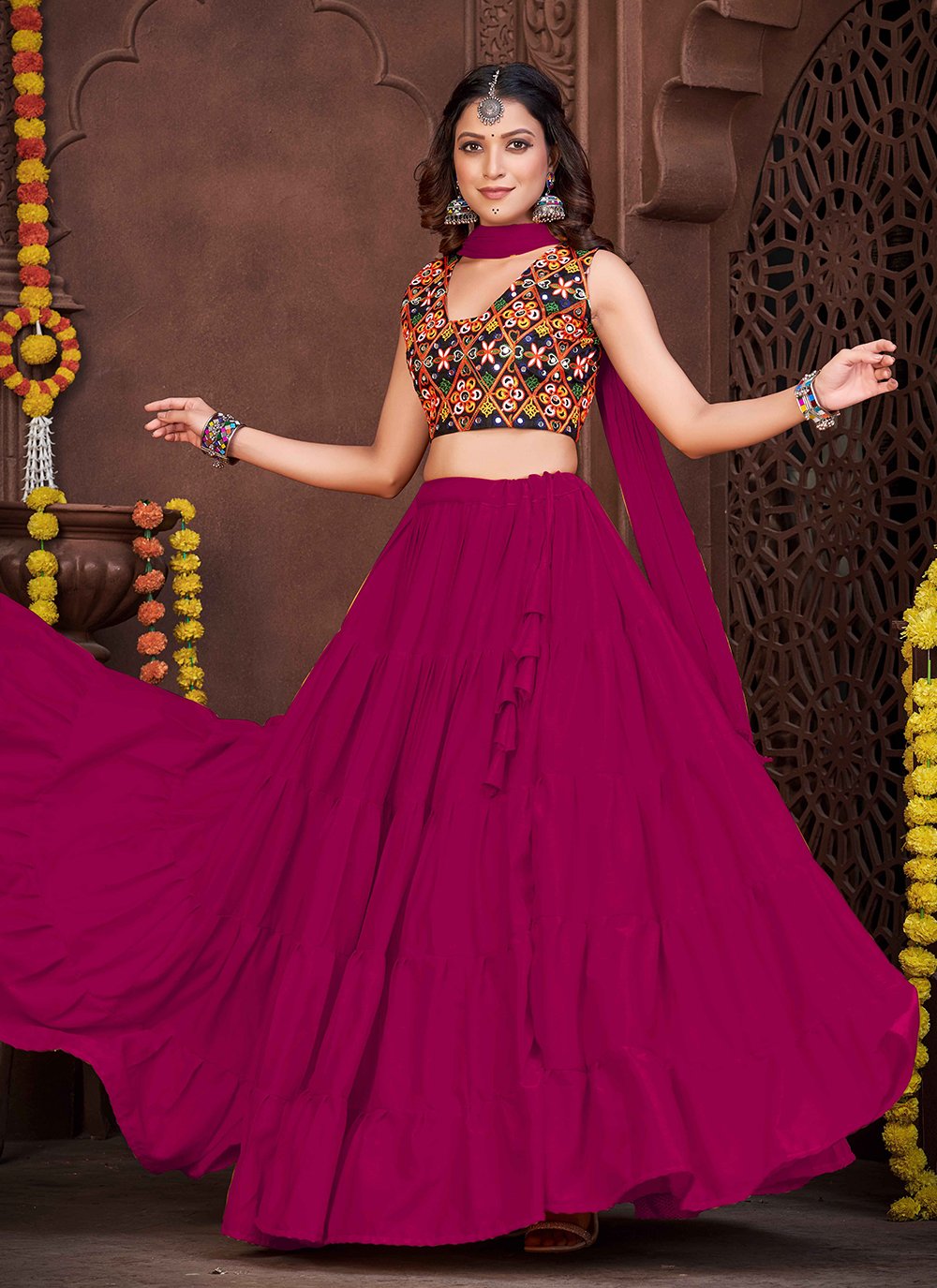 Buy Yellow Crush Lehenga And A Crop Top In Moti Embroidery, Crop