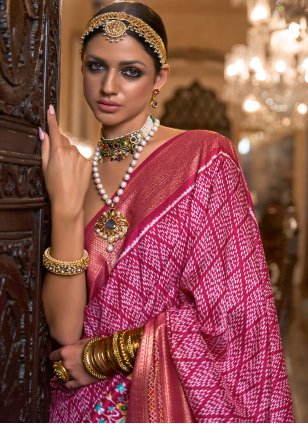 Hot Pink Patola Silk Printed Contemporary Sari