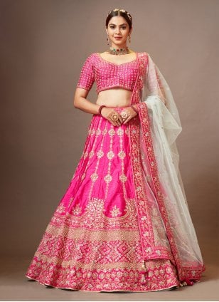 hot pink silk sequins lehenga choli 89043