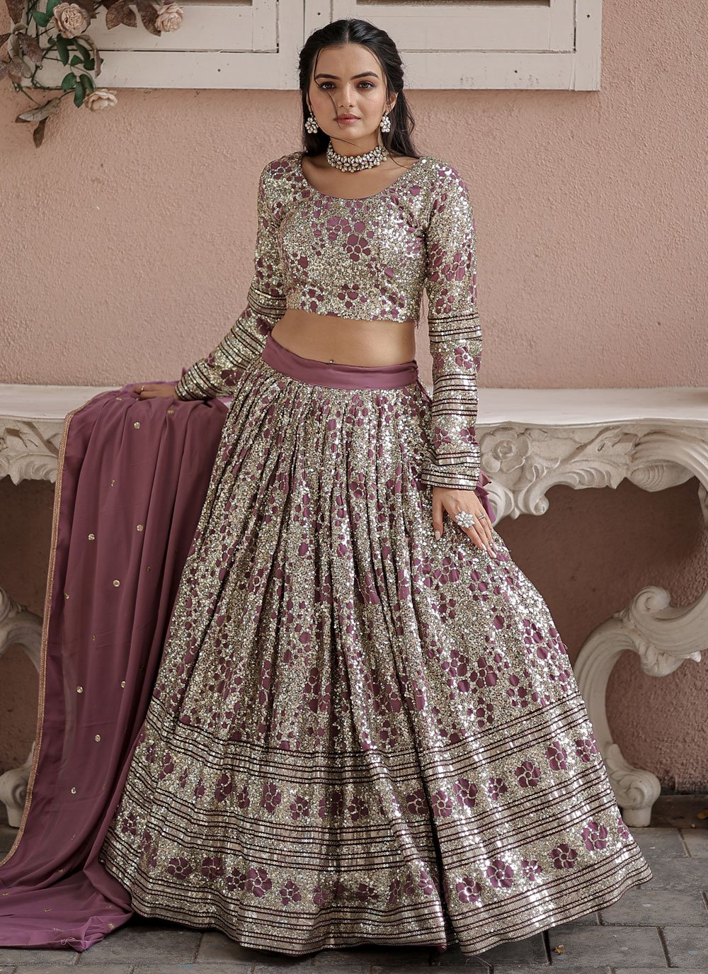 imperial faux georgette pink embroidered lehenga choli 94147