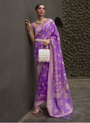 Lavender Chinon Weaving Designer Sari