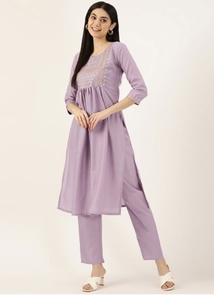Lavender Cotton  Embroidered Party Wear Kurti