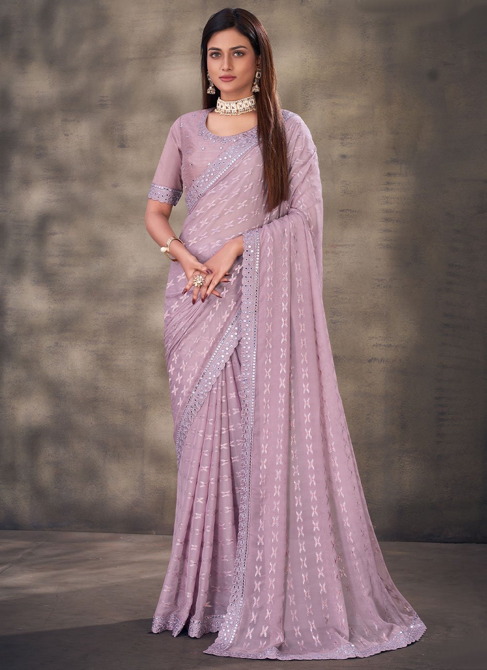 Languid Lavender Georgette Saree With Lucknowi Embroidery – Cherrypick