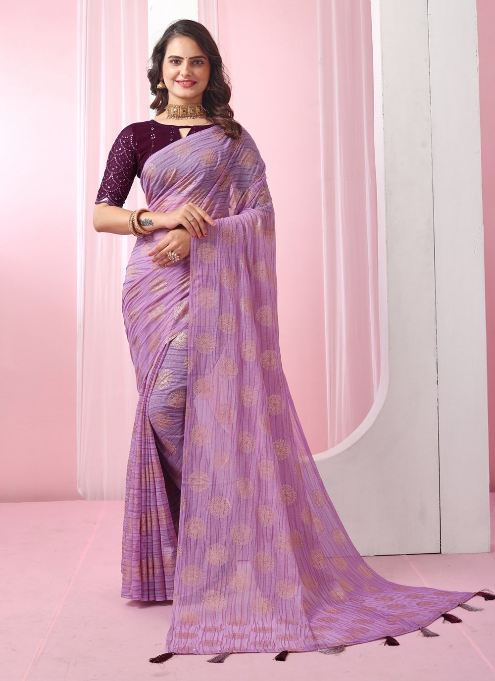 Lilac matka Muslin Saree with Pocket Sequins | SILK MARK CERTIFIED