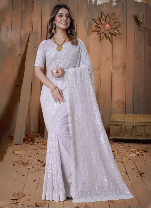 Lavender Georgette Embroidered Traditional Saree