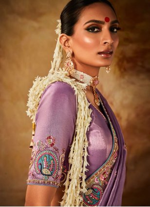 Lavender Kanjivaram Silk Embroidered Designer Sari