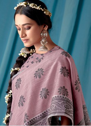 
                            Lavender Linen Lucknowi Work Designer Sari