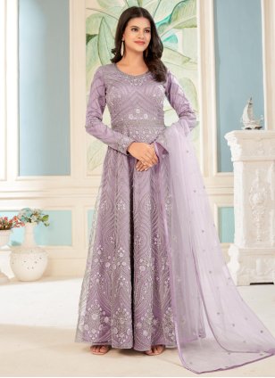 Lavender Net Embroidered Salwar Suit for Wedding