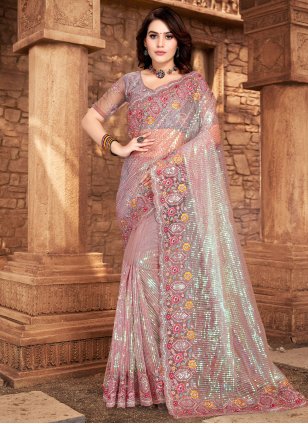 Lavender Net Embroidered Traditional Saree