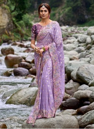 Buy Lavender Grey Pure Silk Floral Ribbon Handwork Saree - Sarees Online in  India | Colorauction