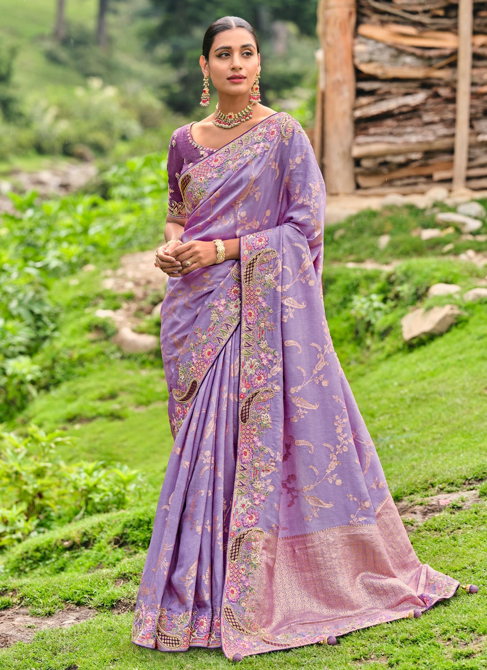 Shop Lavender Organza Saree Festive Wear Online at Best Price | Cbazaar