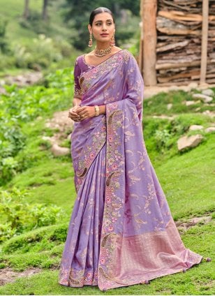 Lavender Silk Embroidered Contemporary Saree