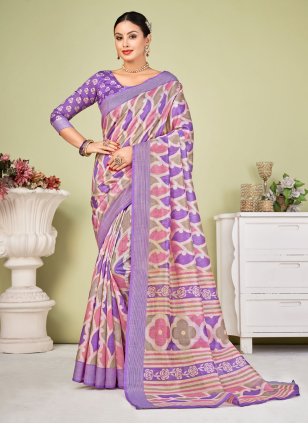 Lavender Tussar Silk Printed Silky Saree