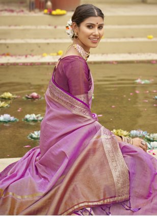 Lavender Tussar Silk Weaving Trendy Saree