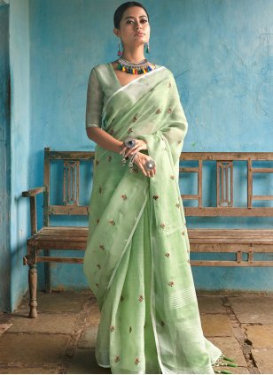 Linen Traditional Saree in Pista green