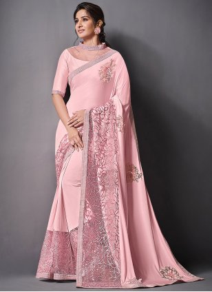 Lycra Pink Embroidered work Designer Sari