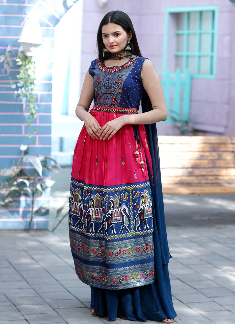 Appealing Navy Blue Pure Killer Silk Designer Patola Print Readymade Gown