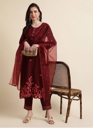 Maroon Chinon Embroidered Straight Salwar Suit