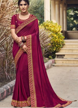 Maroon color Embroidered Art Silk Traditional Saree