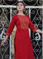 Maroon Cotton  Embroidered Casual Kurti