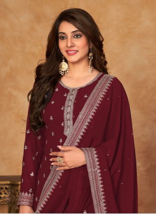 Maroon Georgette Embroidered Palazzo Salwar Suit