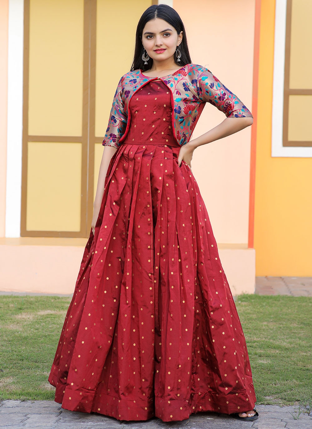 maroon georgette weaving floor length 85984