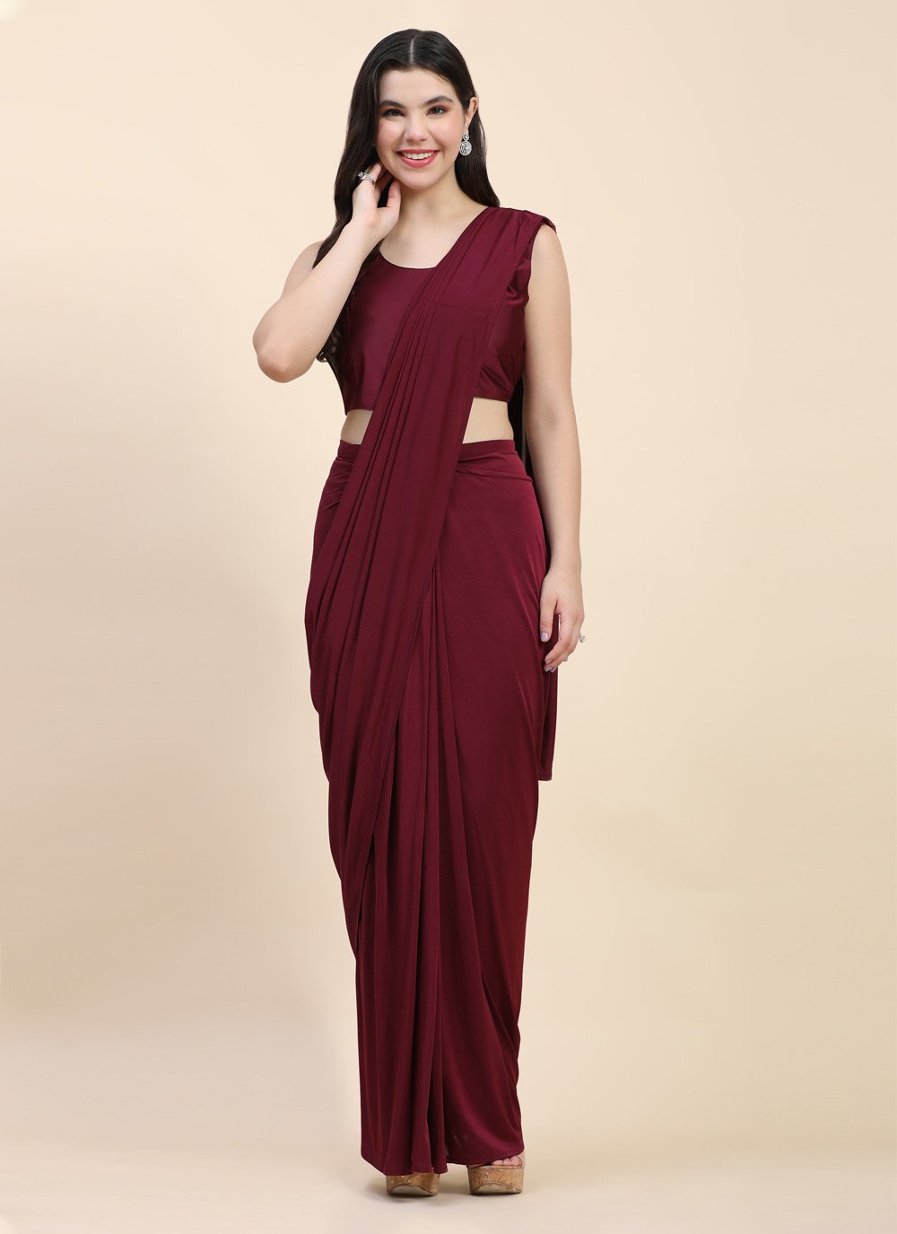 Bahaar Burgundy Tiered Saree Set | Seeaash