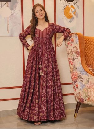 Buy Maroon Embroidered One Shoulder Gown Party Wear Online at Best Price |  Cbazaar