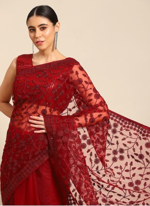 Maroon Net Embroidered Classic Sari