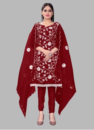 Maroon Organza Embroidered Trendy Salwar Suits