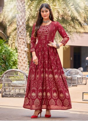 Maroon Rayon Flower Print Readymade Trendy Gown