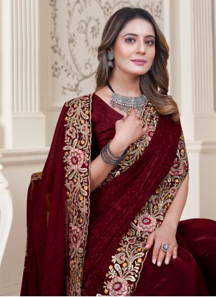 Maroon Satin Embroidered Trendy Sari