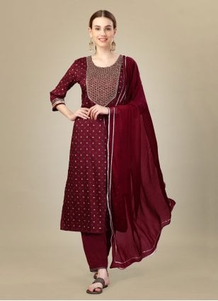 Maroon Silk Blend Embroidered Salwar suit