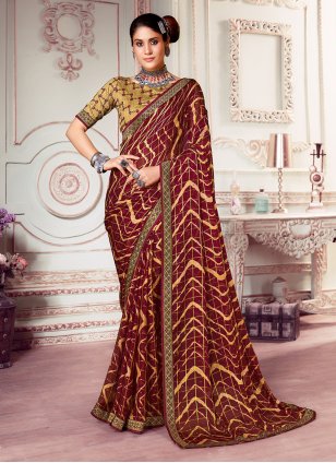 Maroon Silk Printed Designer Sari