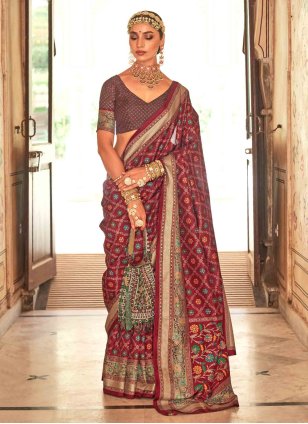 Maroon Silk Printed Trendy Sari