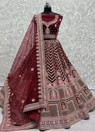 Maroon Net Embroidered Contrast Lehenga Choli Collection