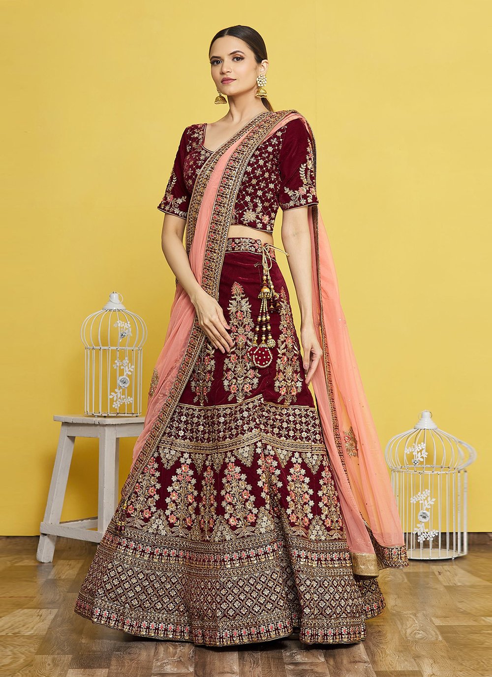 Dark Maroon Velvet Lehenga Choli Indian Wedding Wear Lengha Chunri Shawl  Saree | eBay