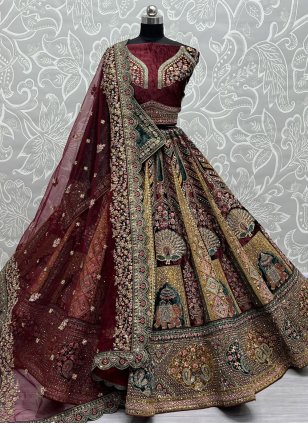 Maroon Velvet Embroidered Lehenga Choli