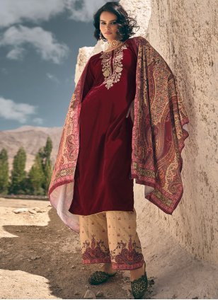 Maroon Velvet Embroidered Pakistani Salwar Suit