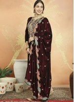 Maroon Velvet Embroidered Pant Style Suit