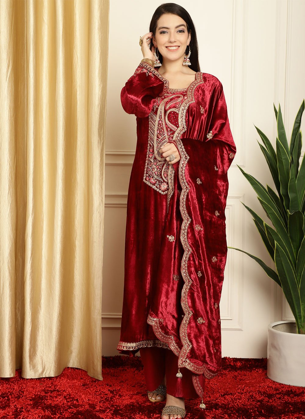 Readymade Black Velvet Anarkali Suit With Dupatta Online - DMV14993